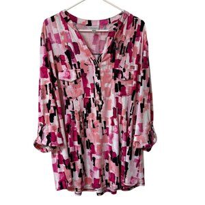 Avenue Brushstroke Abstract Print Tunic Blouse Plus Sz 22/24 Henley Casual Fashi